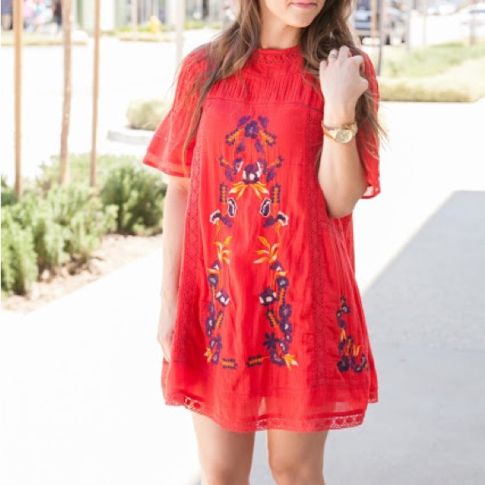 Free People 935 Embroidered Mini Dress Size S Color Redish orange